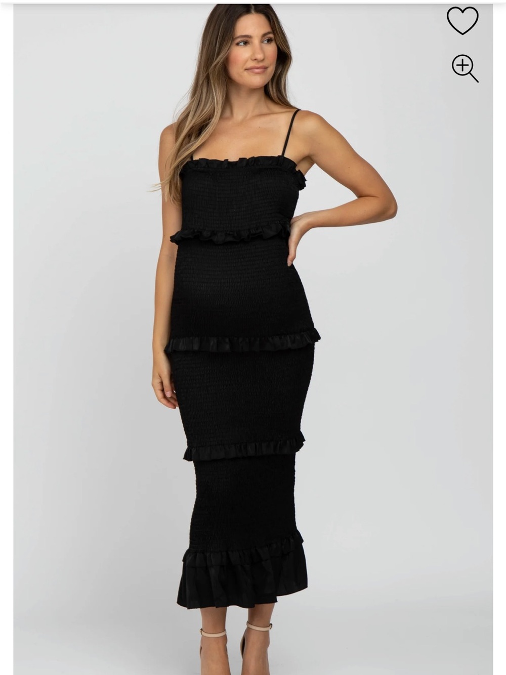 Smocked Ruffle Midi Dress - Black